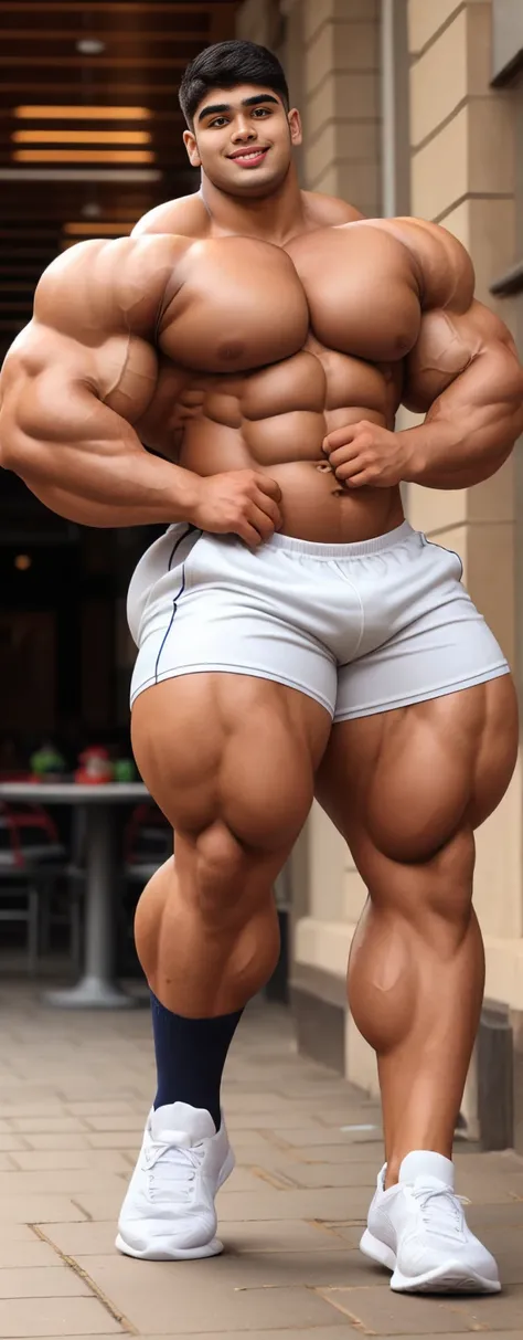 4 meter tall slightly overweight indian men. 20 years old. Young fresh face. In london with friend. Height and Size difference. Very sexy Posing for camera. Muscular. Wearing running shorts, socks and sneakers. Slight belly fat. Big ass. Very long legs. Bi...