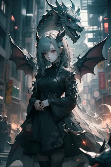 1girl, glowing dragon eyes, wavy hair, scale-adorned dress, scales on face, dragon wings, dragon horns, scaled humanoid, on knees, full shot, (Intricate details:1.2), (Highly detailed)
