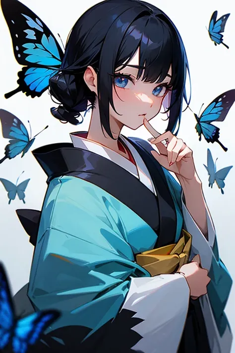 Black Hair、Up to the shoulders、short、kimono、beauty、Japanese、Dignified、my、紫の紺のkimono、Blue Butterfly、sharp、Beautify your eyes、