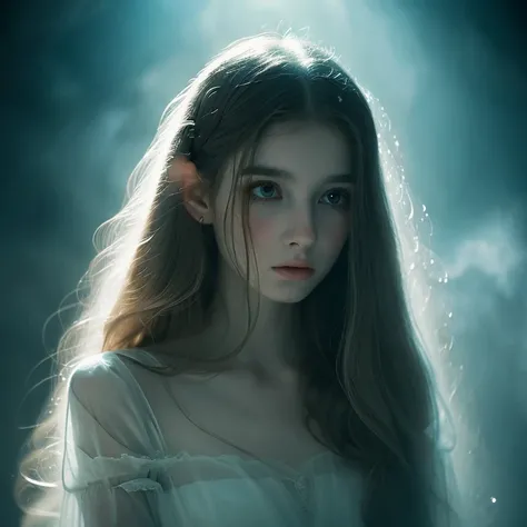 a girl with detailed eyes, detailed lips, extremely detailed eyes and face, long eyelashes, ghostly appearance, beautiful and haunting, floating mysteriously, ethereal beauty, translucent form, pale complexion, flowing hair, ethereal dress, mysterious aura...