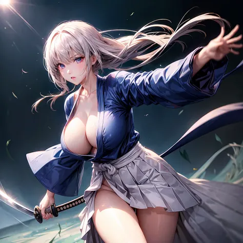 （（high quality、masterpiece、detailed、Normal body、５This finger））、Beautiful Girl Swordsman（（Bust: 100cm、Holding a Japanese sword in his right hand:、Hold the sheath in your left hand、Silver Hair、Mystical Eyes））、Black Robe、White Skirt:1.2、moonlight、wielding a J...