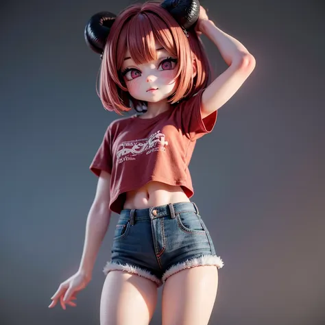 1girl, lammy, furry, red hair, short hair, horns, red shirt, dark purple eyes, tanned, blue jeans, midriff,