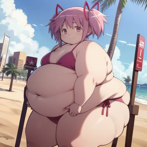 1girl, solo, masterpiece, best quality,
        mahou shoujo madoka magica, obese kaname madoka, fat madoka kaname, pink eyes, pink hair, fat belly, fat arms, thick thighs, big butt, obese , chonky, short hair, twintails, hair ribbon, small breasts, pink b...