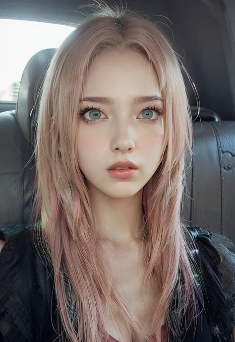 young woman, short shoulder-length pink hair, wide forehead, porcelain skin, pink eyebrows, big emerald green eyes, buttoned nose, full lips, heart-shaped face, slender body, small breasts, red tank top, Sakura Haruno , realistic, realism, details, 3d, wel...