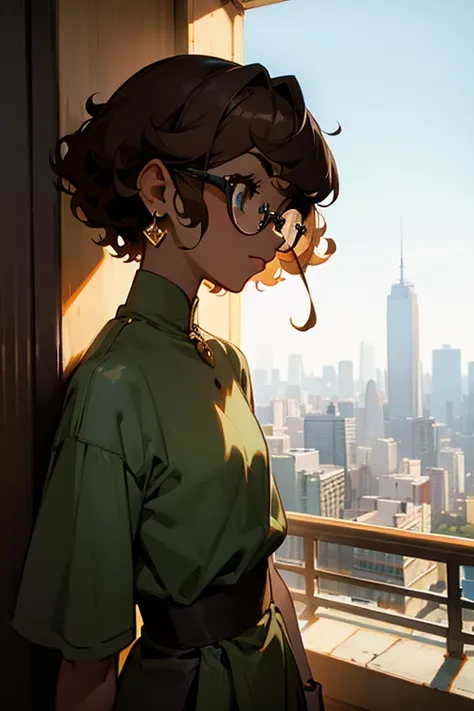 avatar,curly hair, short hair ,earrings, young female, sunlight, brown hair , city background, glasses, dark skin,
