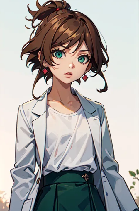 solo,  Juniper, green eyes, short hair, earrings, lab coat, white shirt, green skirt, brown hair,    style3,, ultra detailed, masterpiece, best quality, aesthetic, detailed,