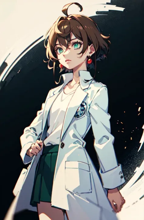 solo,  Juniper, green eyes, short hair, earrings, lab coat, white shirt, green skirt, brown hair,    style3,, ultra detailed, masterpiece, best quality, aesthetic, detailed,