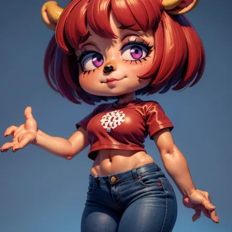 1girl, lammy, furry, red hair, short hair, horns, red shirt, dark purple eyes, tanned, blue jeans, midriff,