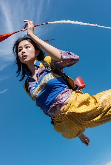 An indonesian goddess in a batik pattern shirt, skydiving, parachute, bright blue sky as a background, real skin texture, long shot photography, masterpiece.