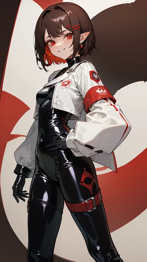 (masterpiece, sidelighting, finely detailed red eyes: 1.2), ((best quality)), ((masterpiece)), (highly detailed:1.3), anime, young girl, , childish body, cropped white jacket with wide sleeves, black tight-fitting bodysuit, ((latex unitard)), black and red...