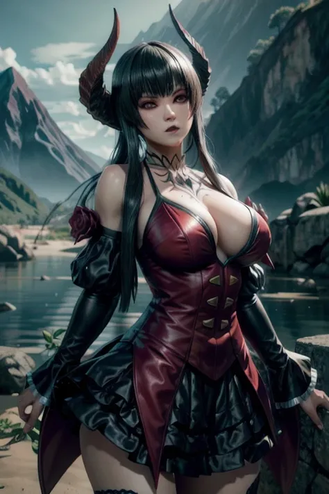 uma foto profissional de Eliza From Tekken, vestindo uma regata cinza sem mangas com decote em V muito longo, sainha curta preta, dynamic pose standing sunbathing, ((pele extremamente detalhada)), (olhos perfeitos), (((perfect hands))), (curvy hips:0.8), (...