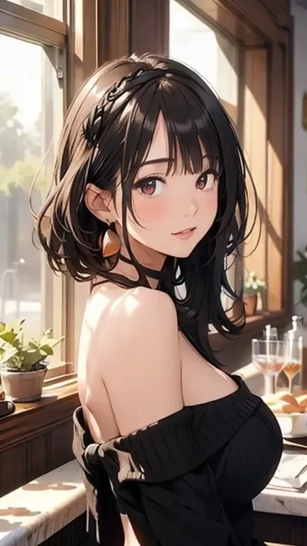 masterpiece, 1girl, Amazing Cleavage:1.3, thin waist, big ass, Raised sexy, medium breast:1.3,posed cleavage:1.2,solo, looking at viewer, open mouth, have a cup of coffee,black hair, red eyes, dress, bare shoulders, jewelry, collarbone, sidelocks, hairband...