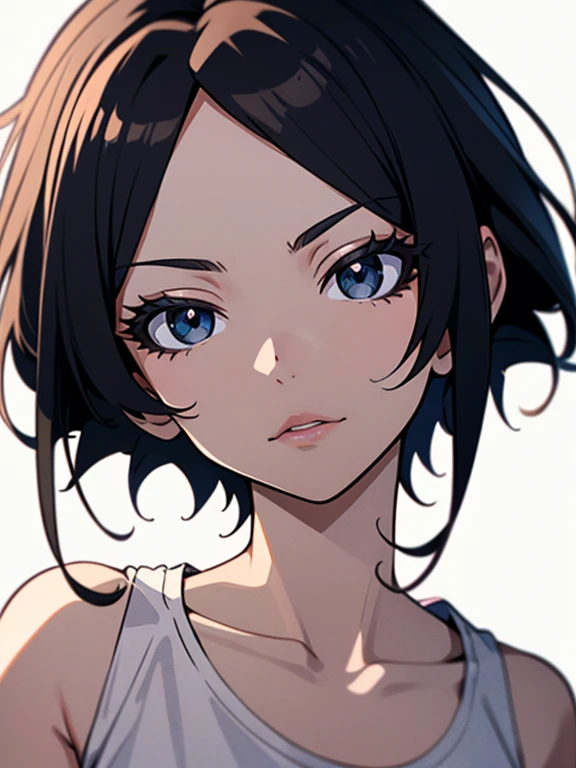 masterpiece,highest quality,Beautiful face and eyes in every detail,(black eyes),solo,skinny、flat chest、 black hair,(very short hair),forehead,swept bangs,(white tank top),white background:1.2,dynamic angle