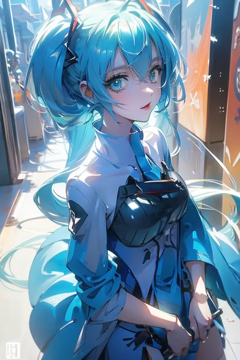 miku anime azul en una zona urbana