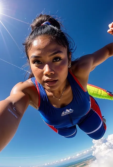 An indonesian goddess in a sport suit, skydiving, parachute, bright blue sky as a background, real skin texture, long shot photography, masterpiece.