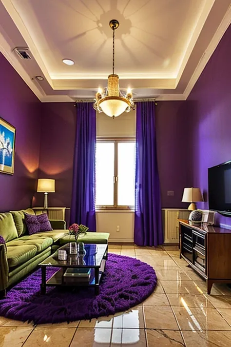 UHD, ultra-high resolution, photo realistic 1.4. A modern living room, one purple shaggy purple rug on floor, solid color dark purple, chandelier, nighttime, window view, One black sectional couch. Glass coffee table. Marble floor. Flat screen TV on wall t...