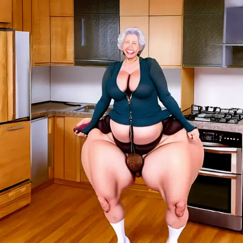 Enormous booty granny wearing bikini in kitchen showing off booty for viewer   ,full body , very large bosum ,very large cheeks,very large thighs, very wide hips,largest haunches ever