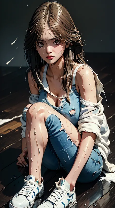 best image quality, masterpiece, super high resolution, (fidelity:1.4), photo, 1 girl, white shirt, torn jeans, white sneakers, dim, darkness, despair, pity, poor, movie, tears, teardrops, (torn clothes:1.5), (wet clothes:1.4), bare shoulders, real rain, w...