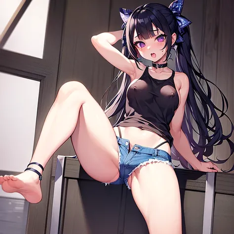 
(masterpiece, best quality:1.2), 1girl, solo,standing_split, long hair, White sleeveless tank top，blue denim shorts, only naughty clothes, kimetsu no yaiba girl, croped, large naughty legs, ahegao face, naughty nipples, piercing girl, goth makeup