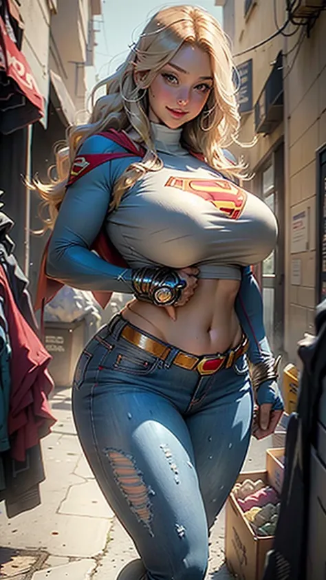 masterpiece，Best quality at best, Supergirl corpo definido coxas grossas, short jeans, loira de olhos azuis, Superman S symbol on chest, rosto detalhado, linda, sorriso lindo. (chubby:1.3), (huge breasts:1.4),