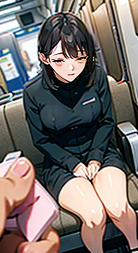 (Remote Play), ((uniform)), in the train, (close your eyes, Open your mouth, Drooling, Slouching posture), 1 Female, solo, 18-year-old, 7 heads, Ideal body proportions, Erect nipples, Sexy Body, Medium Hair, Black-haired, , Slender, Small Ass, Beautiful fe...