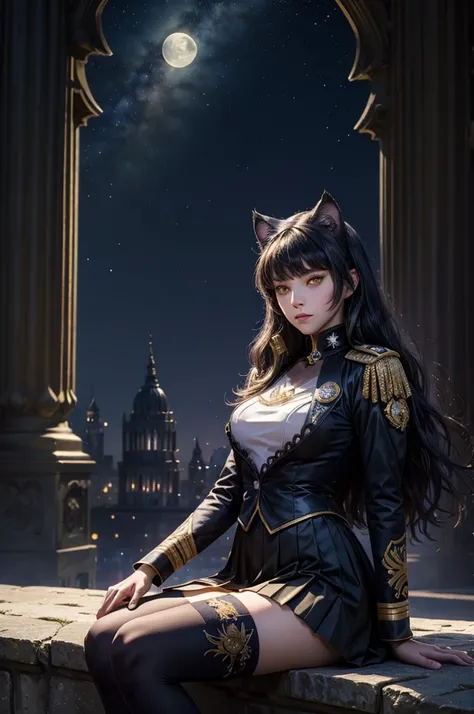  (masterpiece, best quality),  intricate details, 1girl,   blake_belladonna, gmuniform, pleated skirt, blue thighhighs,  black and gold uniform,  sitting outside, night, stars, moonlight, gothic temple, pillars, ruins, river, crowd, ((crowd in military uni...