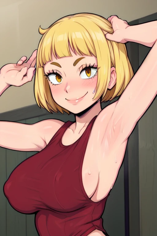 masterpiece, best quality, saeko tanaka, looking at viewer, yellow hair, yellow eyes color, very large breasts, upper body, portrait, looking at viewer, seductive smile,both hands raised, armpits, armpits visible, sweaty armpits, wearing white tanktop,