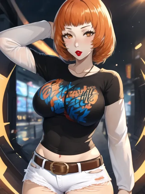 leonie pinelli, orange hair, 1girl, solo, standing, black t-shirt, white shirt, blue jeans, belt, lipstick, large breasts