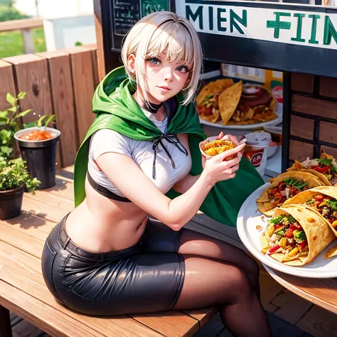 Woman in cape and hot pants eating tacos at a Mexican food stall　