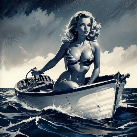 A painting of a woman in a bikini sitting on a boat, Marine Siren, Pin-up Art, by Bob Ringwood, by Mark Brooks, 5 0 s pulp illustration, Jason Edmiston, Howard Lyon, Then Martin, comic pinup style, Mark Schultz, ( Art Fitzpatrick ), Roy Dargano, Inspired b...