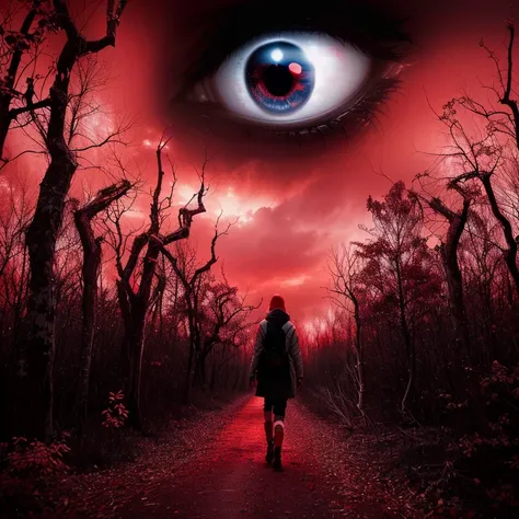 Close-up of a person walking through a forest under a red sky, Red eyes, blood Red eyes, large Red eyes, Red eyes wide open, Red eyes, Red eyes, with a Red eyes, Kamokuchi, with Red eyes, Red eyes, Red glowing eyes, Spiritual creepy spooky pictures, with b...