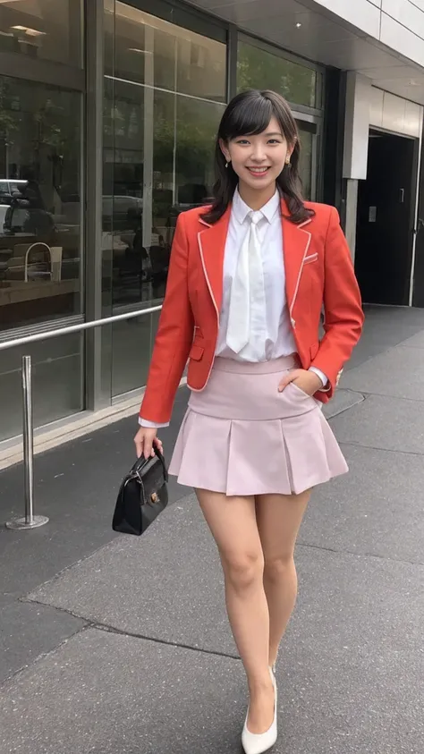 ((masterpiece, best quality)) (saya hiyama) stewardess, mini skirt, wavy hair, cute, sweet, smiling at the camera, (seductive ex...