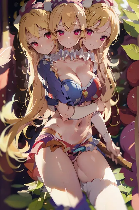 (masterpiece, best quality), best quality, (ultra-detailed), (3heads:1.5), 1girl, (ultra-detailed), (3heads:1.5), 1girl, (clownpiece:1.3), masterpiece, best quality, ultra quality, ultra resolution, ultra detail, red and blue top, crop top, ((stomach)), mi...