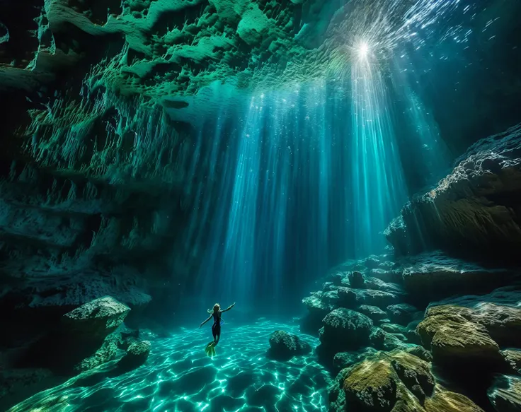 girl swimming in the waters of a dark and mysterious underwater cave, with impressive rock formations and crystal clear waters that reflect light from an unknown source. The cave walls have a surreal texture, with stalactites and stalagmites that seem to g...