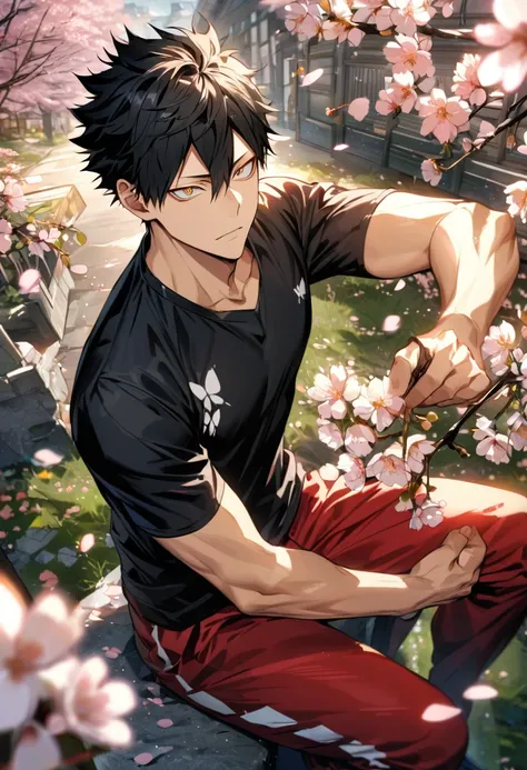 Ultra detailed, Highres, absurdres, HDR, Kuroo Tetsurou, black hair, hair between the eyes, expressive golden eyes, Haikyuu, red jacket with patters, cherry blossoms, petals, extremely handsome, sexy man, solo, very detailed eyes and face, spring, butterfl...