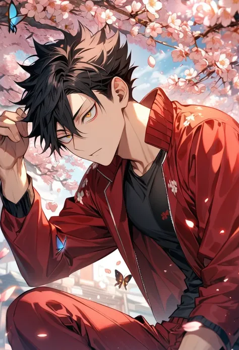 Ultra detailed, Highres, absurdres, HDR, Kuroo Tetsurou, black hair, hair between the eyes, expressive golden eyes, Haikyuu, red jacket with patters, cherry blossoms, petals, extremely handsome, sexy man, solo, very detailed eyes and face, spring, butterfl...