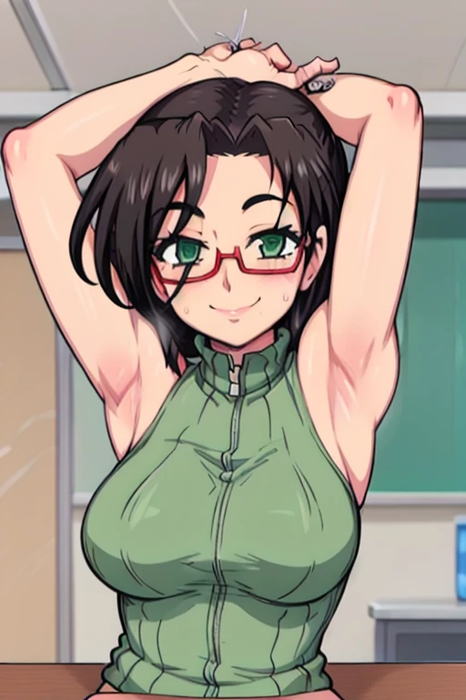 masterpiece, best quality, chisato hasegawa, looking at viewer, very large breasts, upper body, portrait, looking at viewer, seductive smile,put your hands behind your head, armpits, armpits visible, sweaty armpits, wearing glasses, wearing green crotop