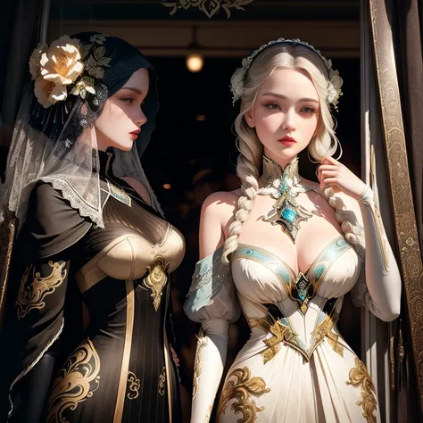 a close up of two mannequins in a store window, mannequins, creepy mannequin, mannequin, statue of a perfect woman, on a mannequin. High resolution, 不気味なmannequin. high quality, Gothic Antique Theme, Dystopian retro 1920s vibe, Inspired by Elsa Breda, fine...