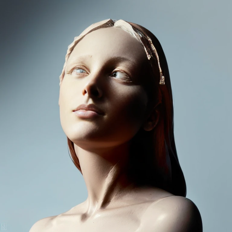 American woman with eyes wide open, Holly Herndon statue in porcelain, statue of a perfect woman, Female sculpture, Realistic 8k Bernini sculpture, Digital Sculpture, statue of a perfect woman, Bust with a long, beautiful neck, Digital Sculpture, Face look...