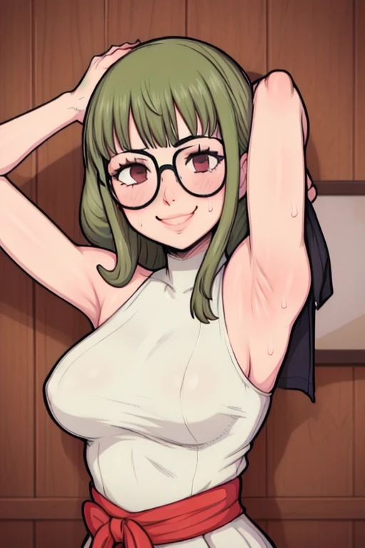 masterpiece, best quality, sakura futaba, looking at viewer, very large breasts, upper body, portrait, looking at viewer, seductive smile,put your hands behind your head, armpits, armpits visible, sweaty armpits, wearing glasses