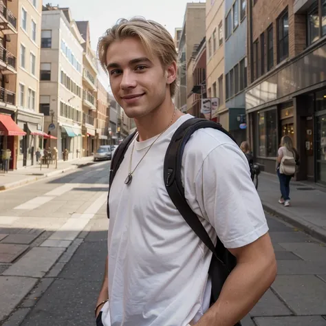 A Male, American, Caucasian, 27 years old, blonde hair, hazel eyes, average body, casual fresh outfit, warm smile, eyebrow percing, in a street holding a backpack