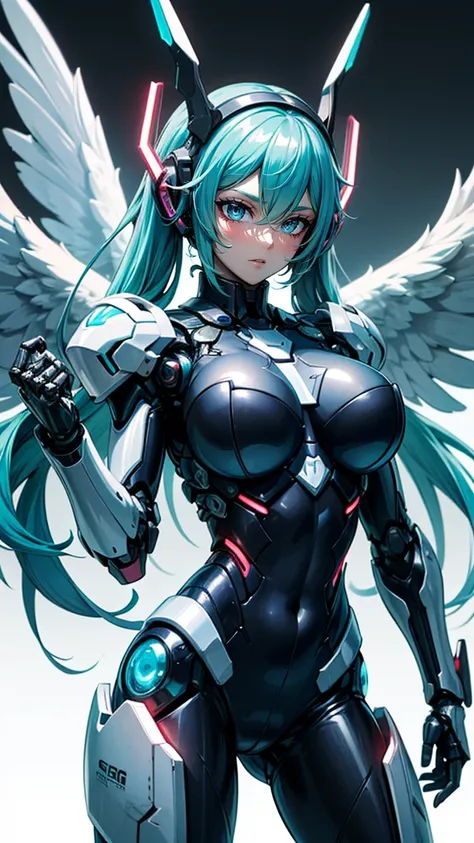 hatunemiku VOCALOID, twintail, turquoise hair, mecha, 1girl, cyberpunk, big breasts, realistic, mechanical parts, {{{{Angel wings}}}}, robot joints, headgear, full armor, armor color{{{{white}}}}, beautiful art, 8k cg wallpaper, Japanese anime style