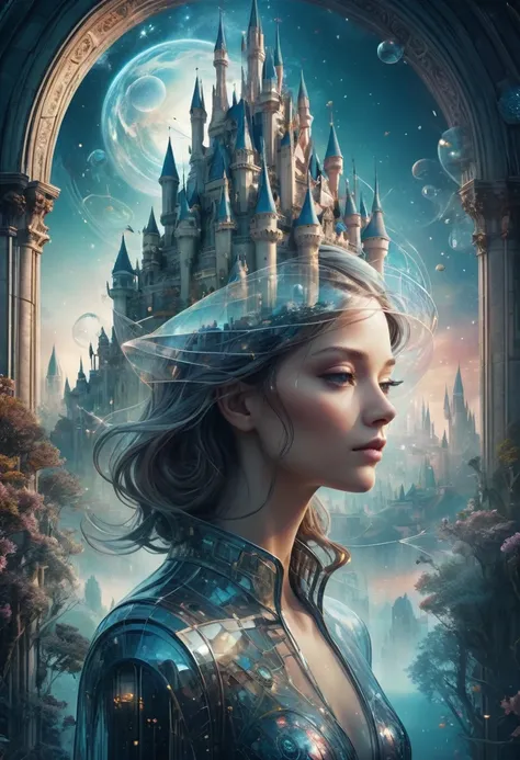 Dubrec style，Transparent character portrait，Future vision of dream castle image，（Multiple Exposure：1.8），Intricate illustration in surreal art style，surreal dreamscape，Future utopian world dream