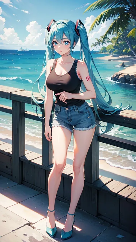 Highquality image of Hatsune Miku, Twin Tail, light Blue Eye, light Blue Hair, (very short white tank top), (very short denim pants), big breasts, (black tights), high-heeles, 1girl, Hawaii, blue sea, palm trees, sunlight, night view, sea