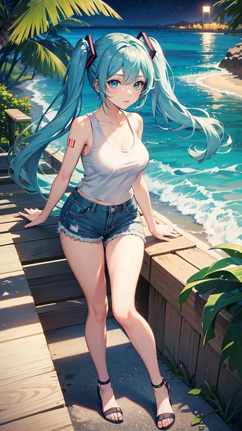 Highquality image of Hatsune Miku, Twin Tail, light Blue Eye, light Blue Hair, (very short white tank top), (very short denim pants), big breasts, (black tights), high-heeles, 1girl, Hawaii, blue sea, palm trees, sunlight, night view, sea