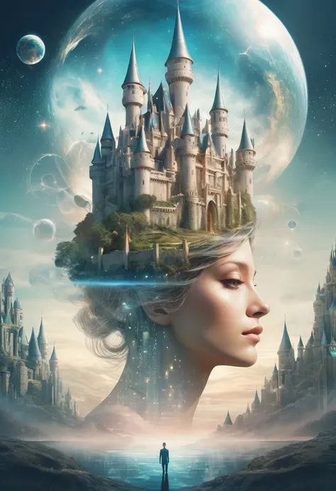 Dubrec style，Transparent character portrait，Future vision of dream castle image，（Multiple Exposure：1.8），Intricate illustration in surreal art style，surreal dreamscape，Future utopian world dream