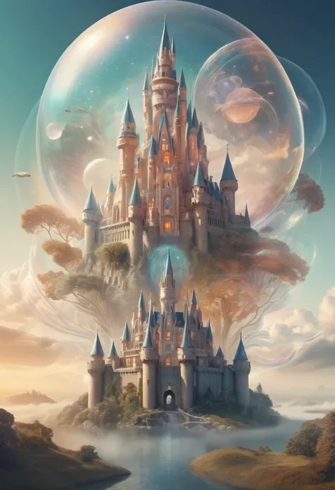 Dubrec style，Transparent character portrait，Future vision of dream castle image，（Multiple Exposure：1.8），Intricate illustration in surreal art style，surreal dreamscape，Future utopian world dream