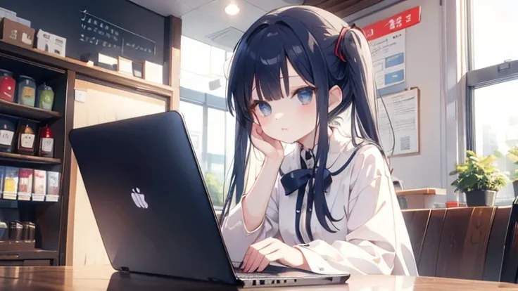 anime、Retro coffee shop、laptop、Round eyes、beautiful girl、Working