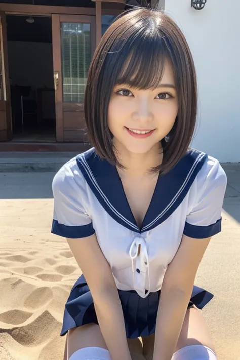 8k、(highest quality)、Upper Body:1.5、Very detailed、High resolution、8k、Angle from below、Small breasts、Thin lips、Detailed face、Cute Smile、Cute Japanese Woman、Cute 24 year old beauty、Beautiful and elegant face、Cute face、Natural Bangs、Arched eyebrows、Groomed ey...