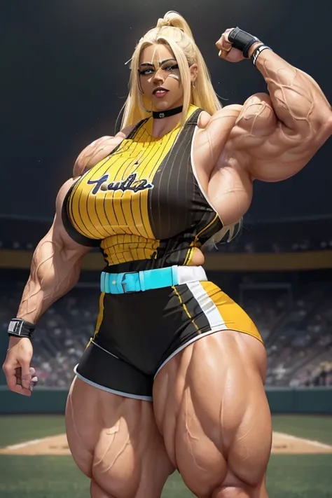 (((((Massive, tall, beautiful, light brown skinned, buff, muscular woman with yellow hair, black lipstick, ginormous bulky muscles and wearing a black and white stripe baseball jersey with shorts))))), (close view), (massive muscle), massive biceps, hyper ...